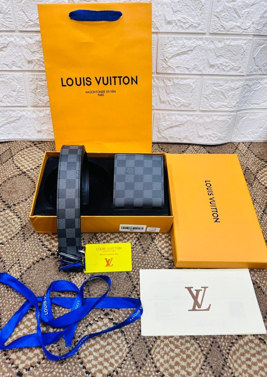 Luxury Brand L V Lou-is Vuit-ton  Belt and Wallet set for Men