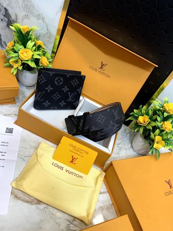 Luxury Brand L V Lou-is Vuit-ton  Belt and Wallet set for Men