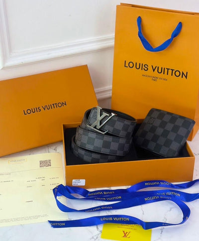 Luxury Brand L V Lou-is Vuit-ton  Belt and Wallet set for Men