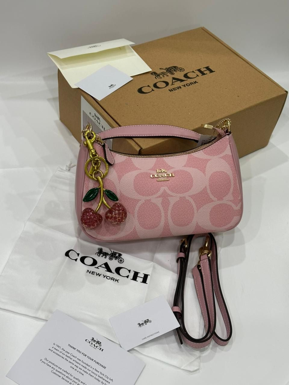 Tending Co-ach Pink Teri with Cherry Keychain Premium Quality Shoulder Bag for Women