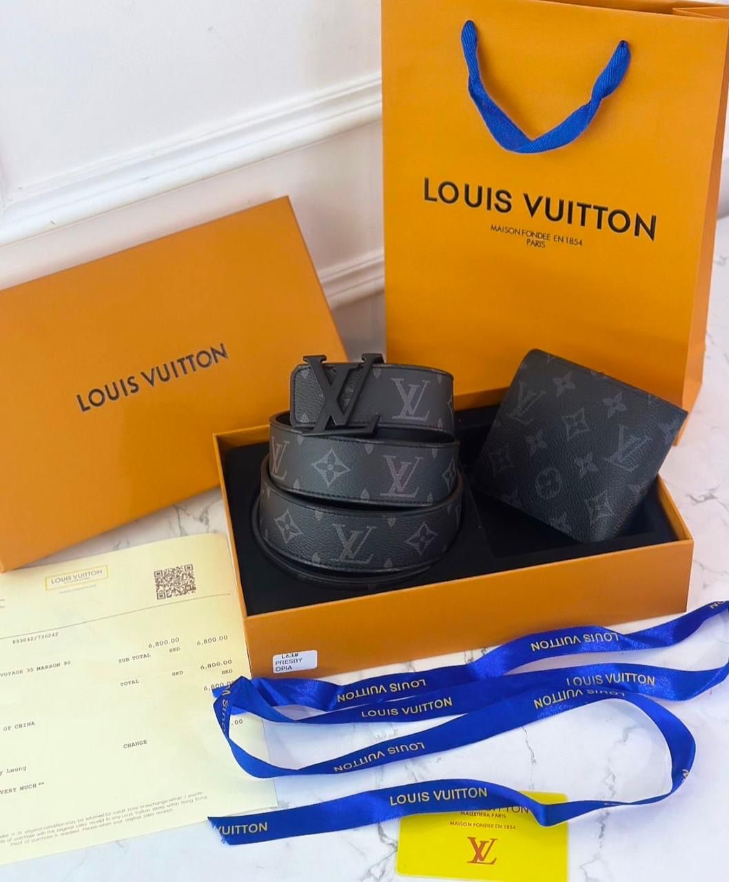 Luxury Brand L V Lou-is Vuit-ton  Belt and Wallet set for Men
