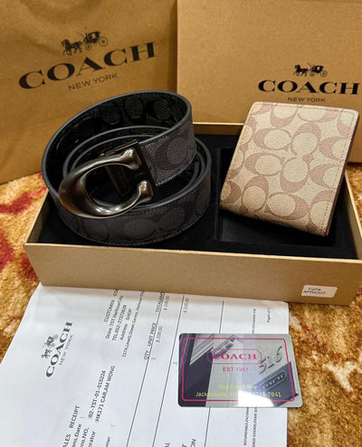 Luxury Brand Co-ach Belt and Wallet set for Men