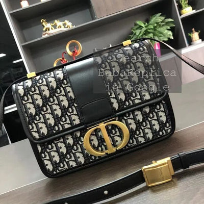 Dior Navy Blue Oblique Canvas and Leather 30 Montaigne Shoulder Bag Black