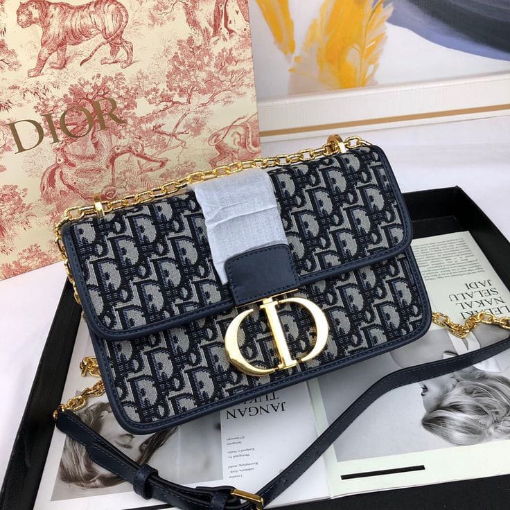 Dior Navy Blue Oblique Canvas and Leather 30 Montaigne Shoulder Bag