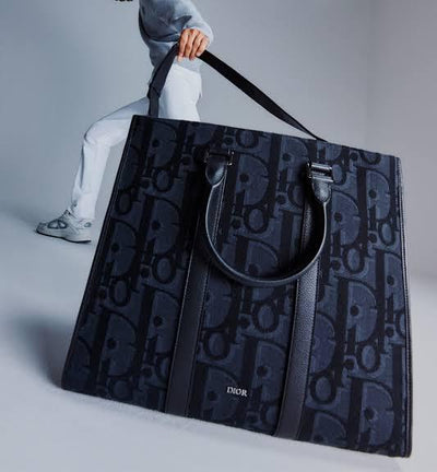 Christian Dior CD Black Oblique Jacquard and Black Grained Calfskin East-West Tote Bag Black