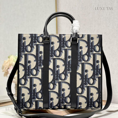 Christian Dior CD Black Oblique Jacquard and Black Grained Calfskin East-West Tote Bag White