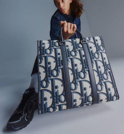 Christian Dior CD Black Oblique Jacquard and Black Grained Calfskin East-West Tote Bag