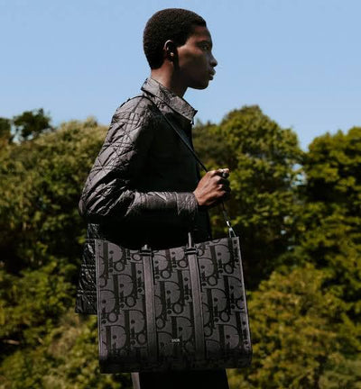 Christian Dior CD Black Oblique Jacquard and Black Grained Calfskin East-West Tote Bag