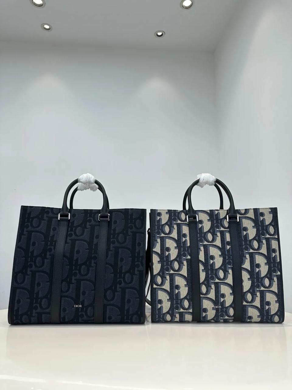 Christian Dior CD Black Oblique Jacquard and Black Grained Calfskin East-West Tote Bag