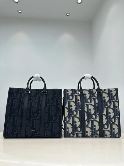 Christian Dior CD Black Oblique Jacquard and Black Grained Calfskin East-West Tote Bag