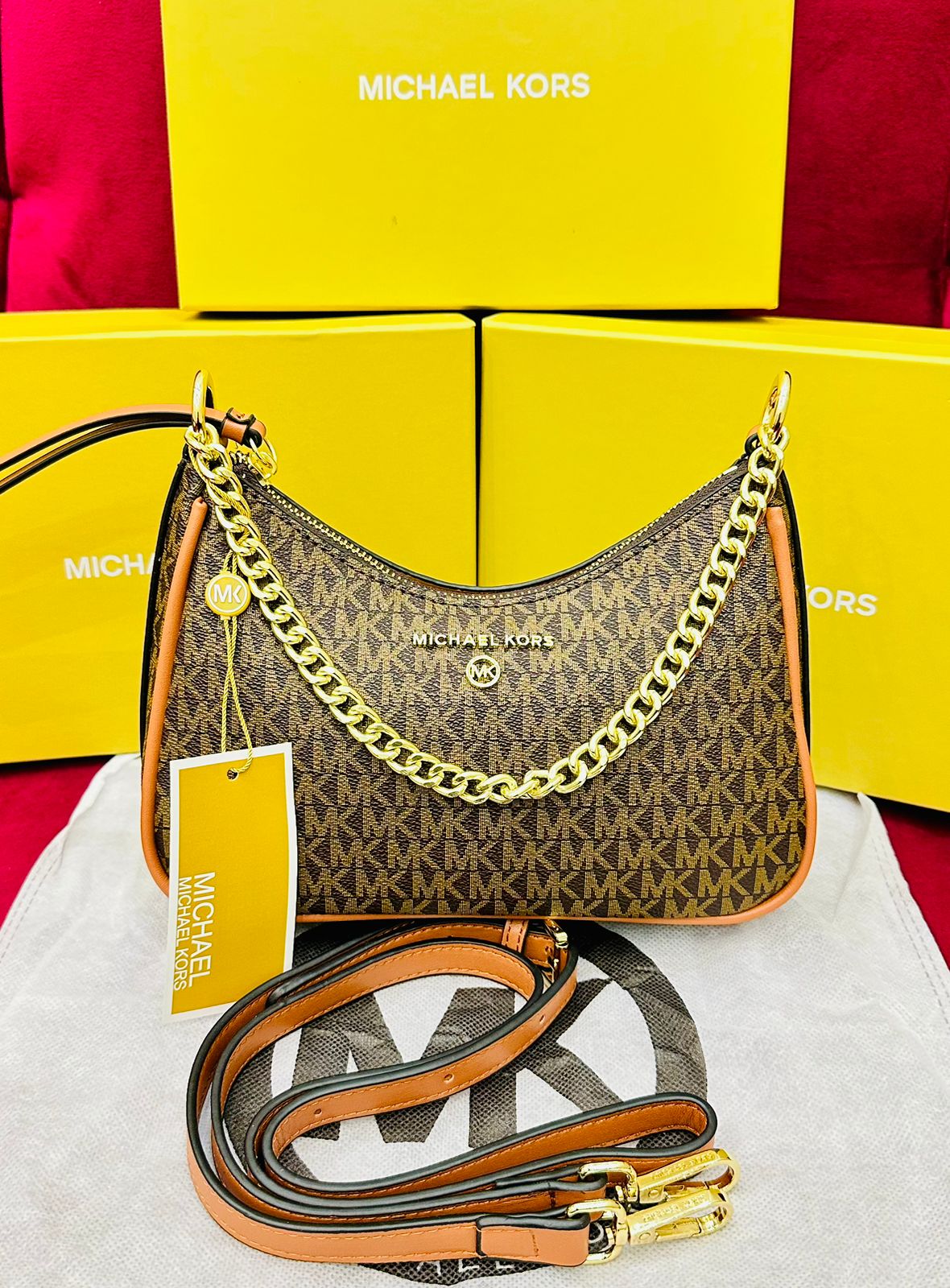 Michael Kors MK Jet Set Charm Small Logo Pochette Shoulder Bag Brown