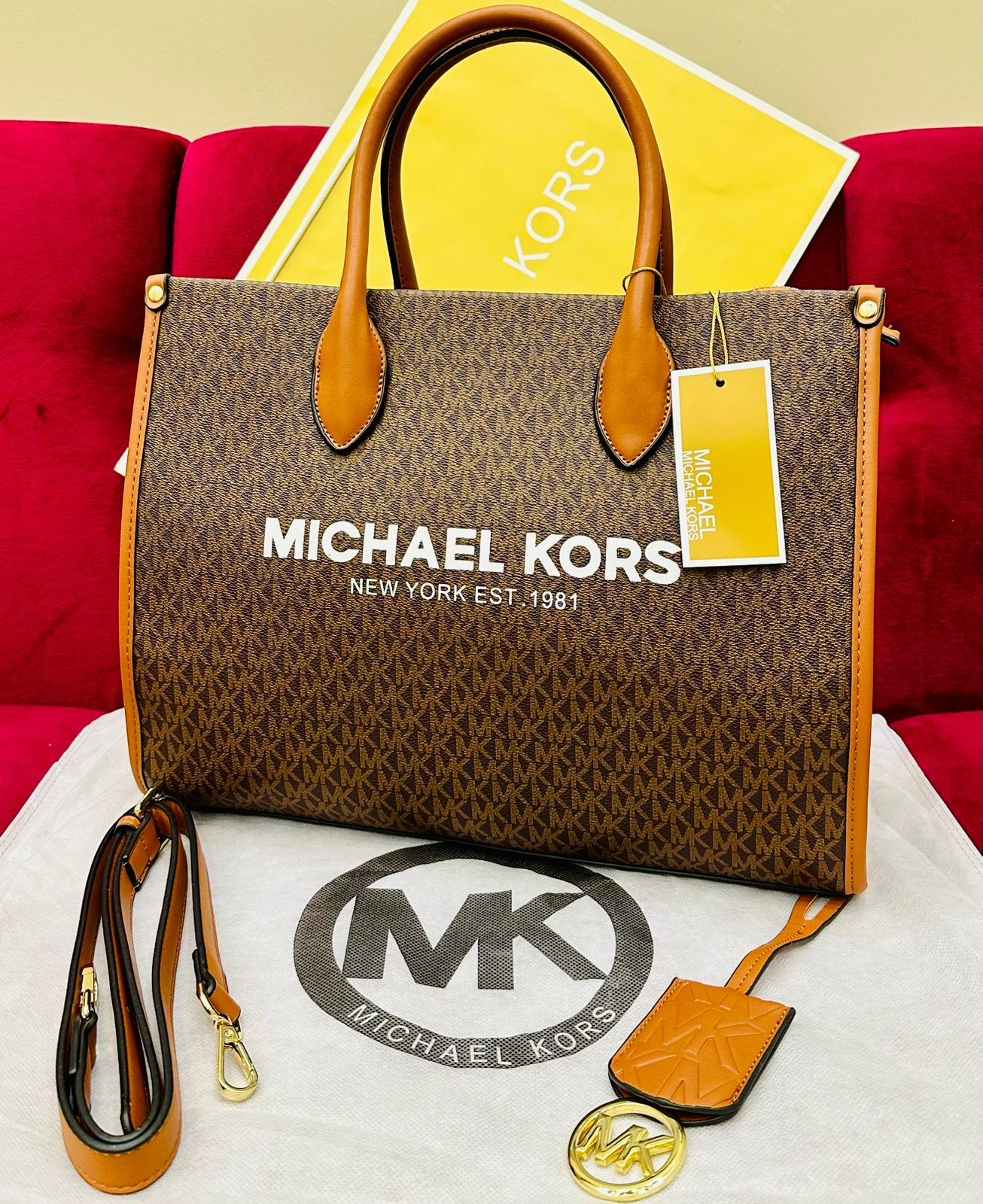 Michael Kors MK Mirella Large Signature Tote Bag Brown
