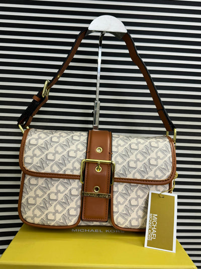 Michael Kors MKColby Medium Empire Monogram Shoulder Bag Beige