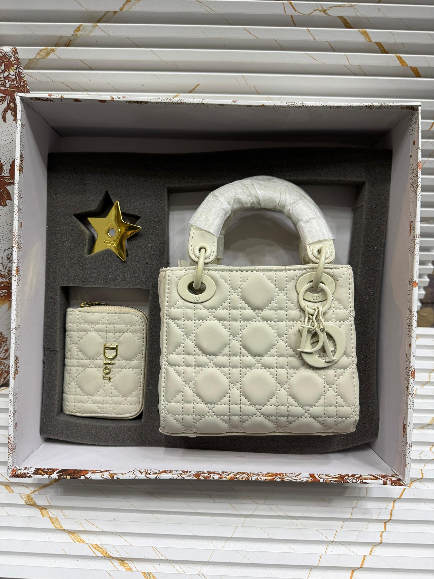 Christian Dior CD Lady Bag with Wallet Matte finished Gift Set White