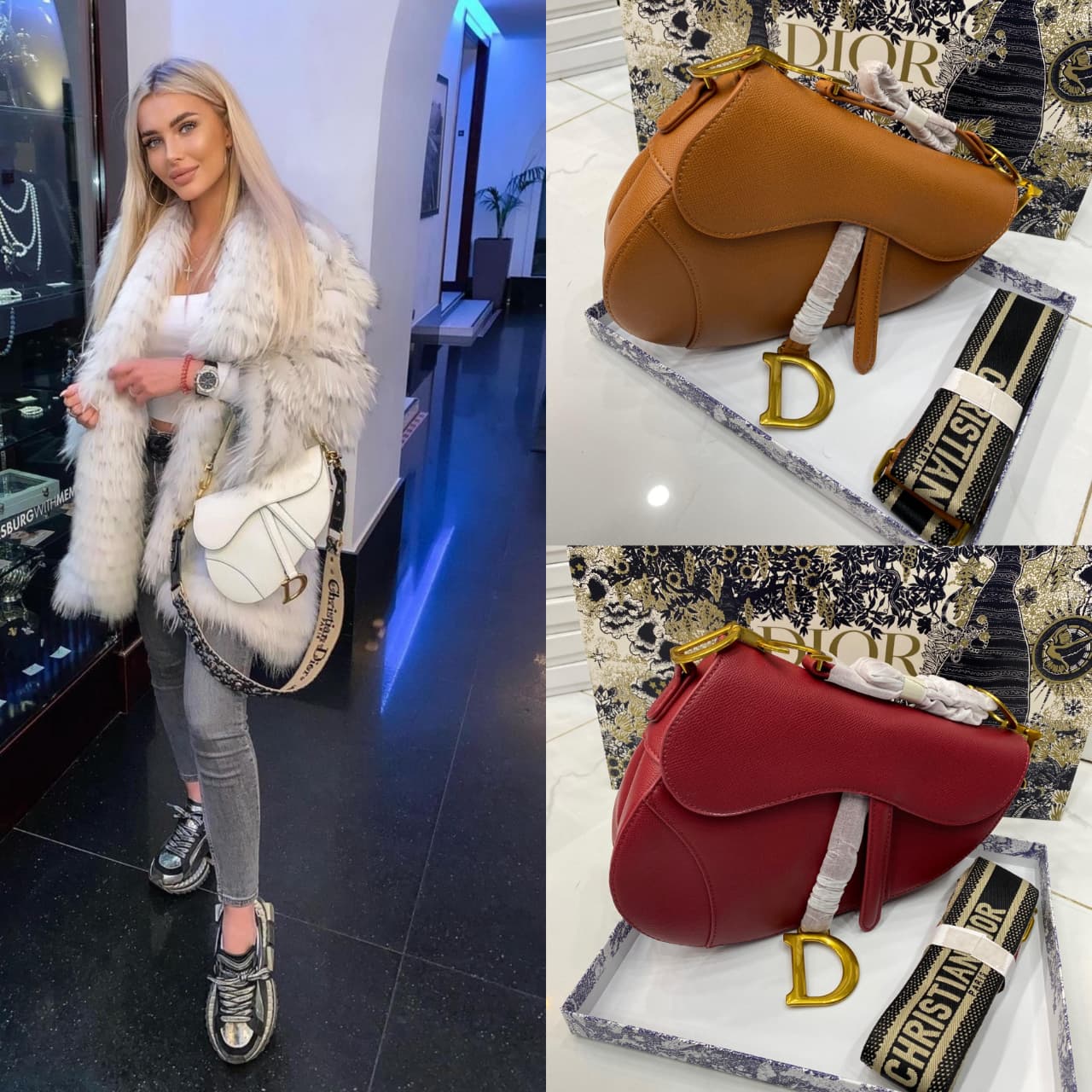 Person wearing a white fur coat with a white handbag, surrounded by Di or handbags.