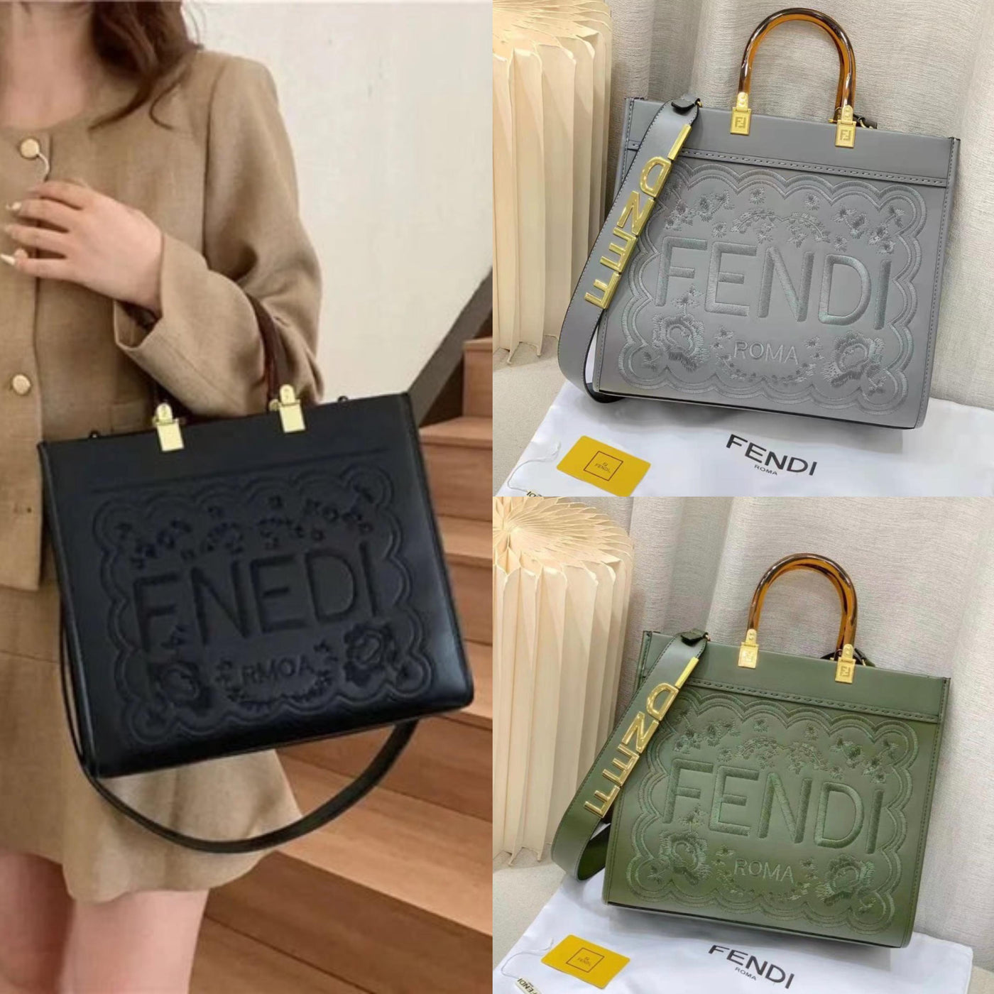 Famous Brand Fen-di Embroided Leather Tote Bag for Women
