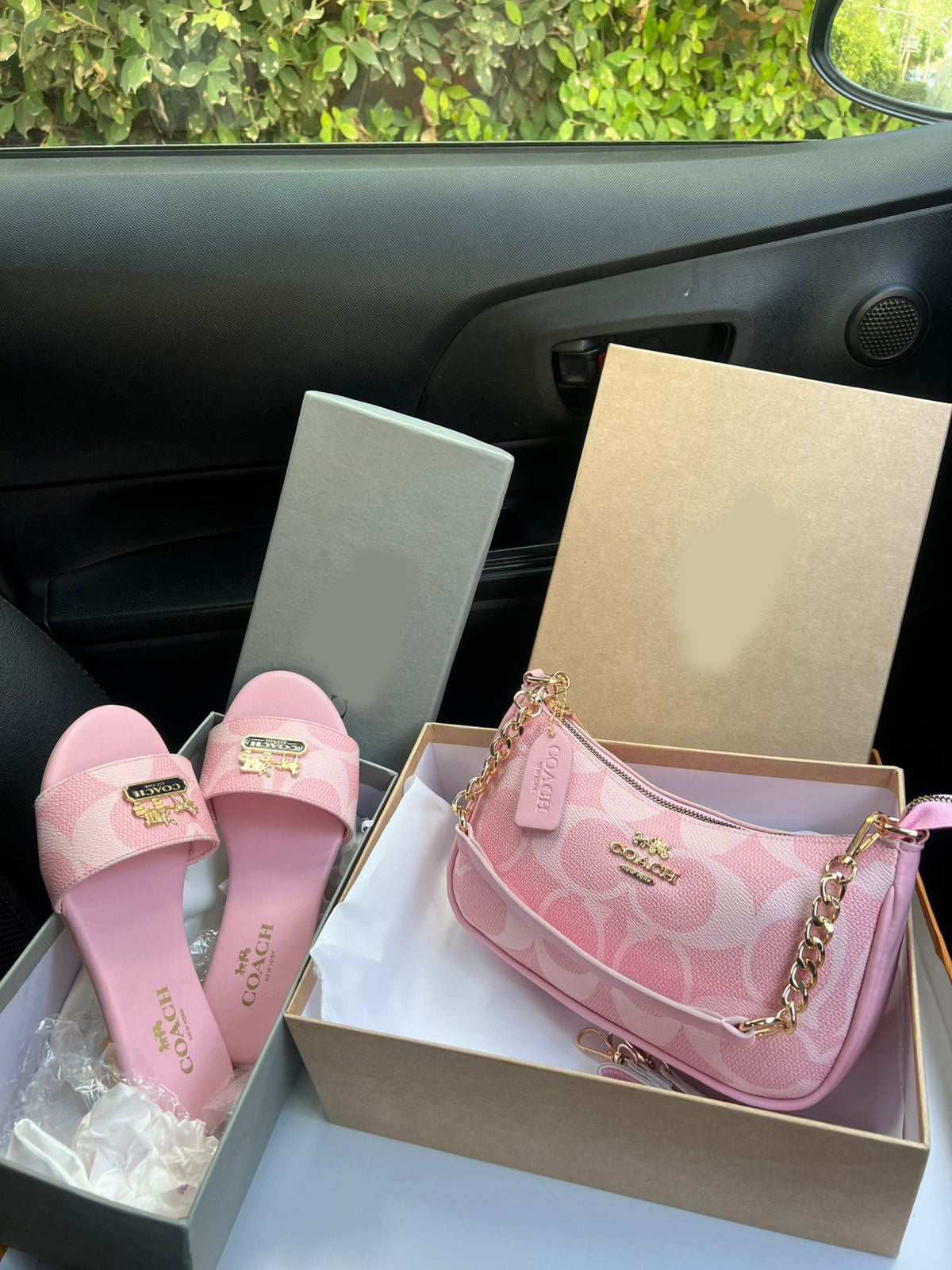 Trending  Pink Co-ach Teri Shoulder Bag and Slipper Combo For Women