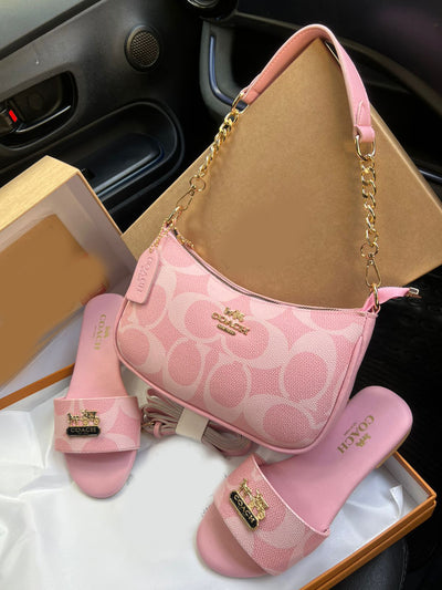 Trending  Pink Co-ach Teri Shoulder Bag and Slipper Combo For Women