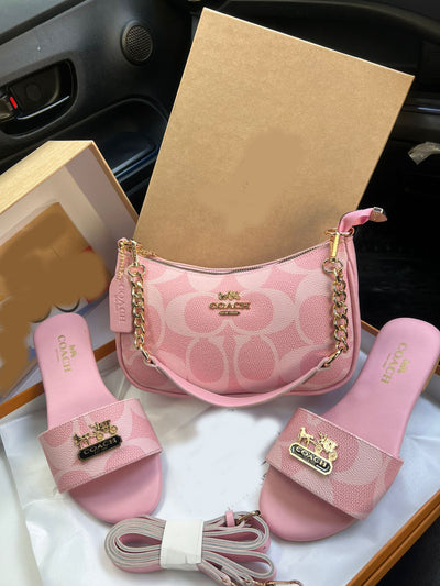 Trending  Pink Co-ach Teri Shoulder Bag and Slipper Combo For Women