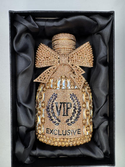 rhinestone-embellished clutch bag shaped like a bottle, with a bow and the text for Women