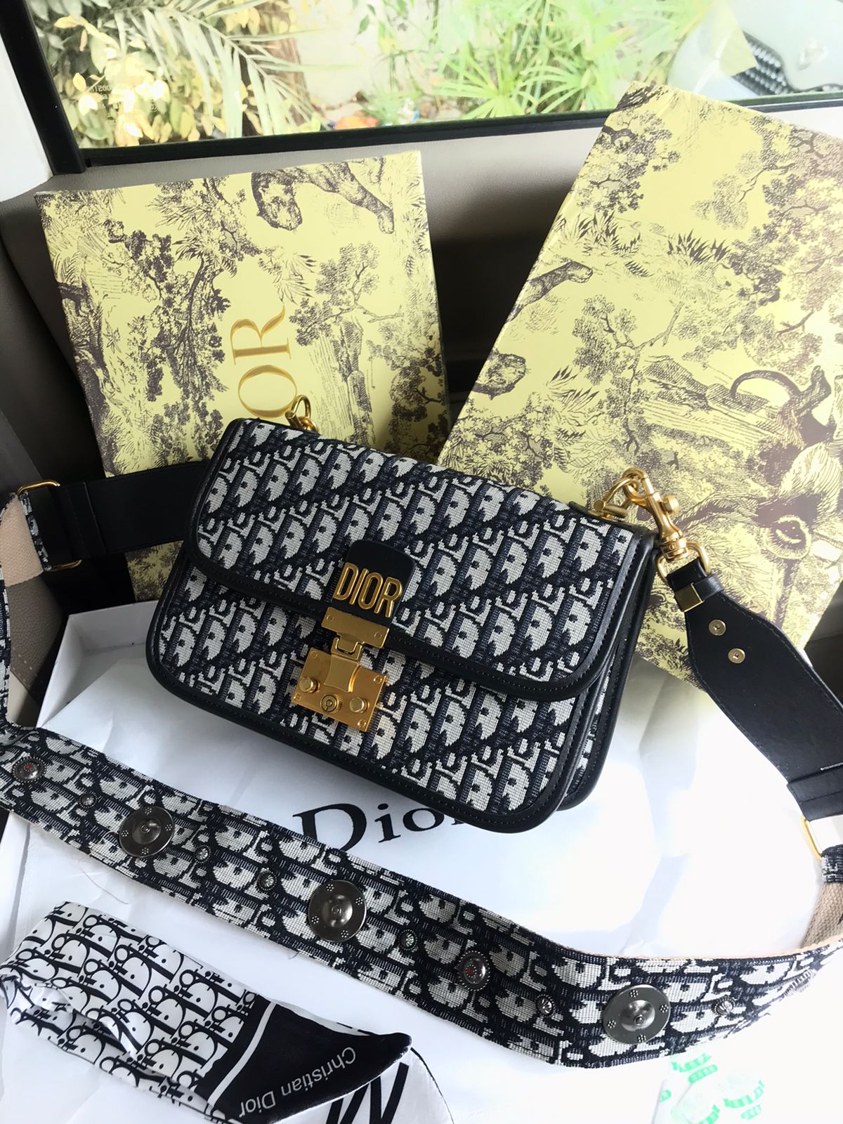 Dior Navy Blue Oblique Canvas Dior Addict Flap Chain Bag Navy